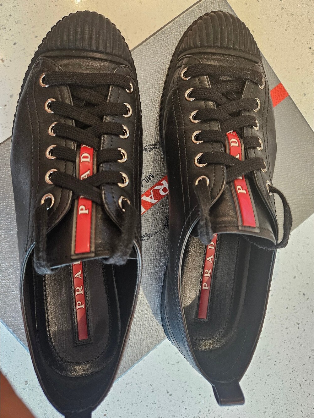 Prada Women Black Leather Sneakers with Red Logo Tongue - Picture 2 of 8